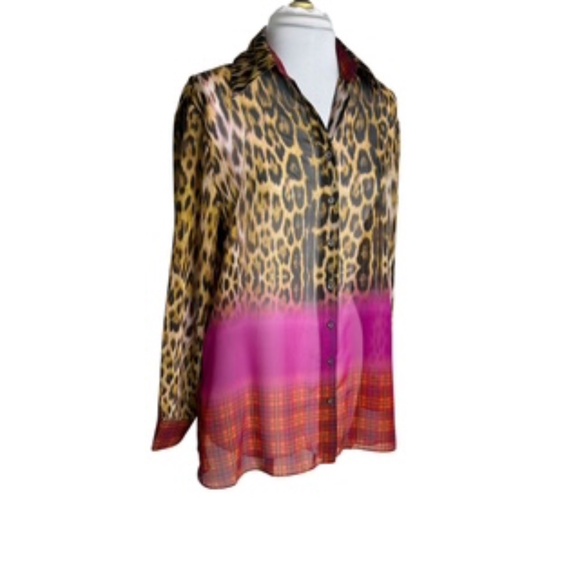 NWOT Mishca Animal Print Button Front Sheer Colorful Tunic Long Slv Top Size L - Picture 1 of 8